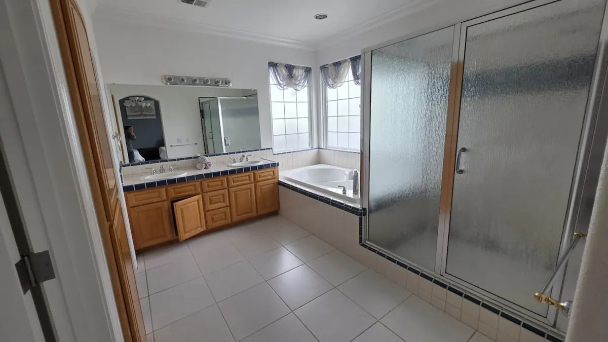 Master bathroom with soaking tub and double vanity